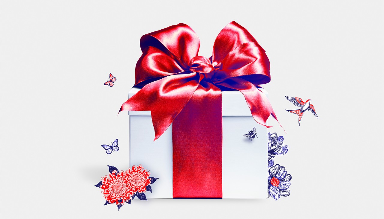 Illustration of gift box with big red ribbon surrounded by birds, butterflies and flowers; image used for India HSBC Premier
