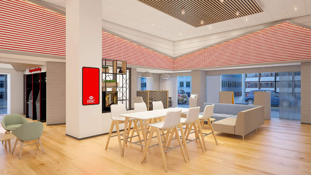 Interiors of HSBC's digital branch with sofas; image used for HSBC digital branch page.