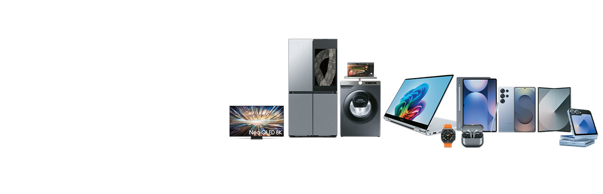 Samsung smart device series including smartphones, smartwatch and headset; image used for HSBC India credit card Samsung offer