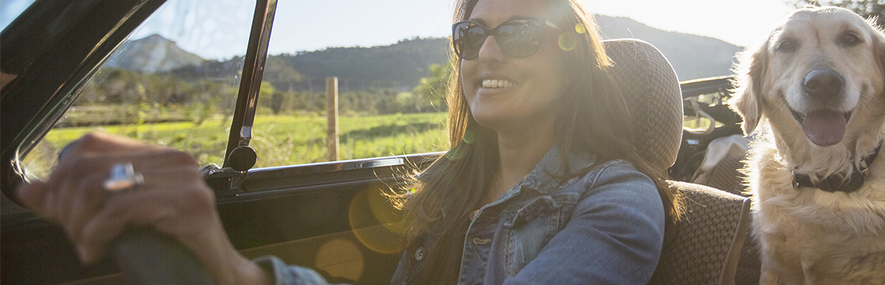 A woman and a dog in car; image used for travel often get a credit card page.