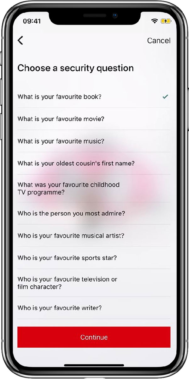 The page for choosing a security question